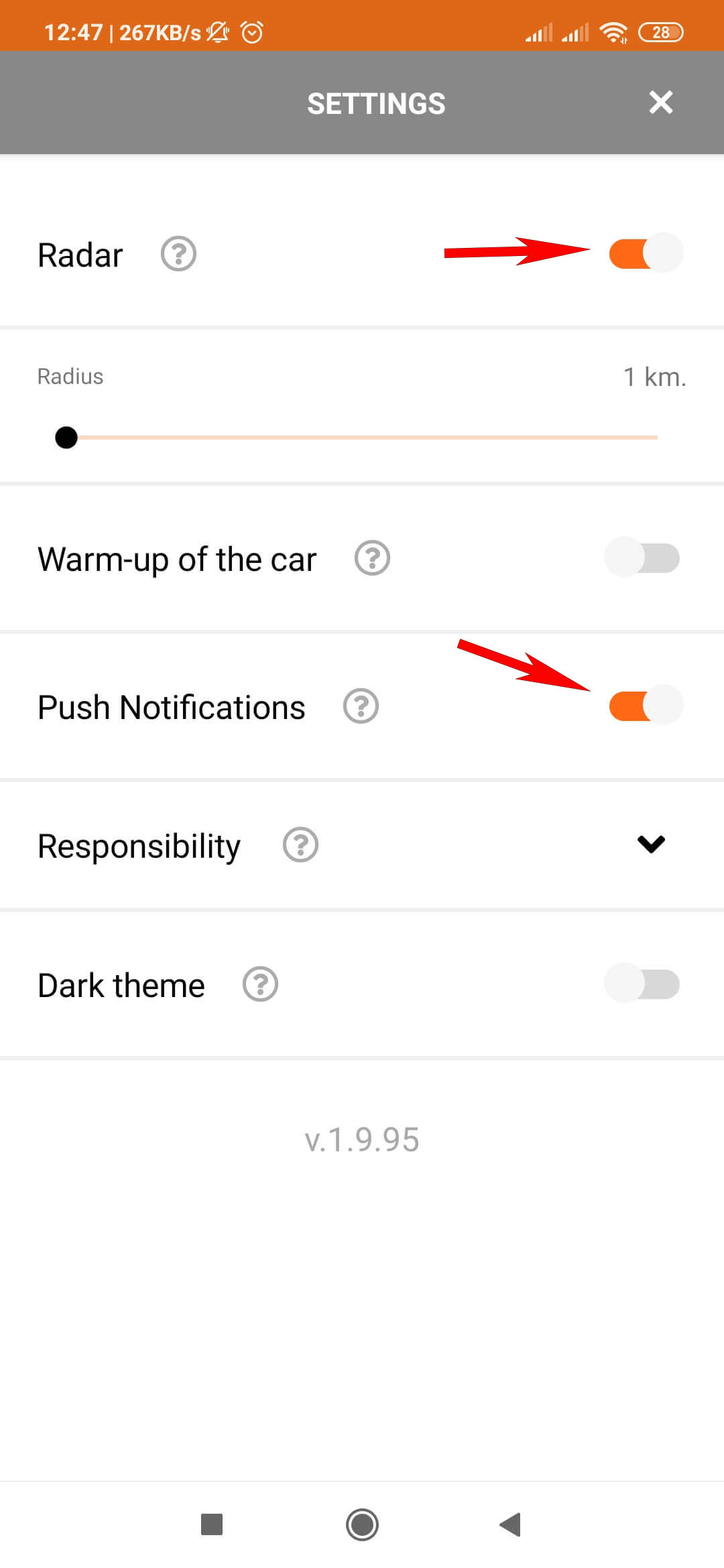 Turning on the radar in Getmancar app settings 